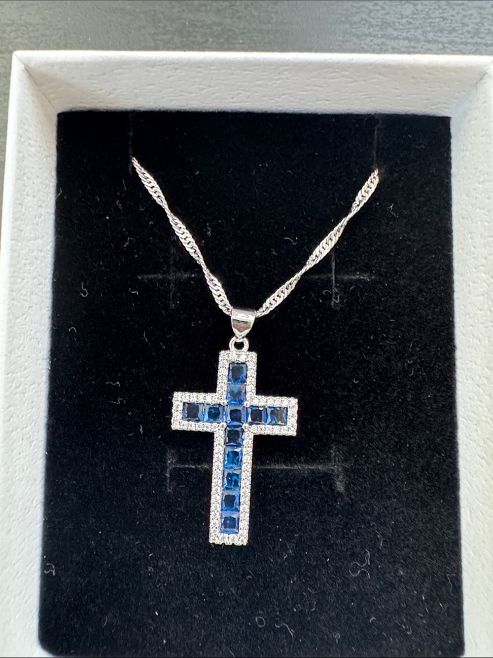 Silver Blue Sapphire Cross Pendant Necklace- stainless steel